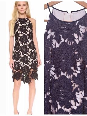 KEEPSAKE Navy Floral Crochet Lace Halter Cocktail Dress Sz XS